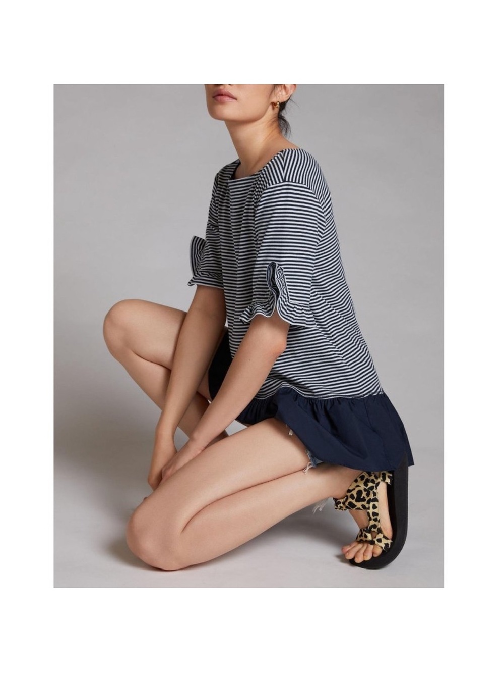 Maeve Anthropologie Navy and White Striped Ruffle Hem Tee